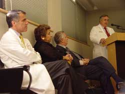 From left, Dean Pascal Goldschmidt, University of Miami President Donna E. Shalala; Robert Pearlman, Diabetes Research Institute Foundation president; and Camillo Ricordi, M.D., Diabetes Research Institute scientific director.