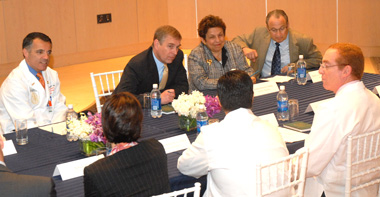 Prince Andrew visited the Miller School where he held a private meeting with University leaders and a group of physicians and scientists to discuss developments in biotechnology and life sciences at UM and opportunities for possible links with British institutions and industry. From left, Dean Pascal J. Goldschmidt, M.D., Prince Andrew, UM President Donna E. Shalala, Barth Green, M.D., chairman of neurological surgery, and Bart Chernow, Miller School vice president for special programs and resource strategy.